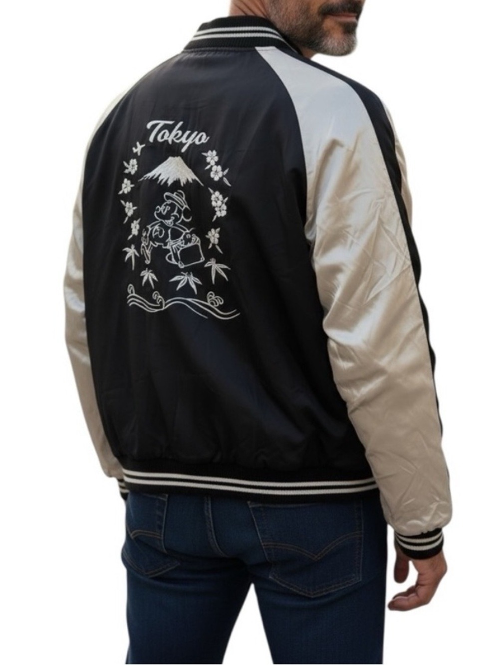 Uniqlo Disney Tokyo Embroidered Black Ivory Satin Bomber Jacket Unisex large